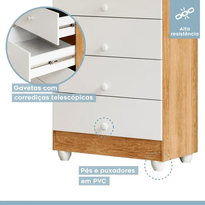 Kit Quarto de Bebê Completo 100% MDF com Cômoda, Berço e Guarda Roupa