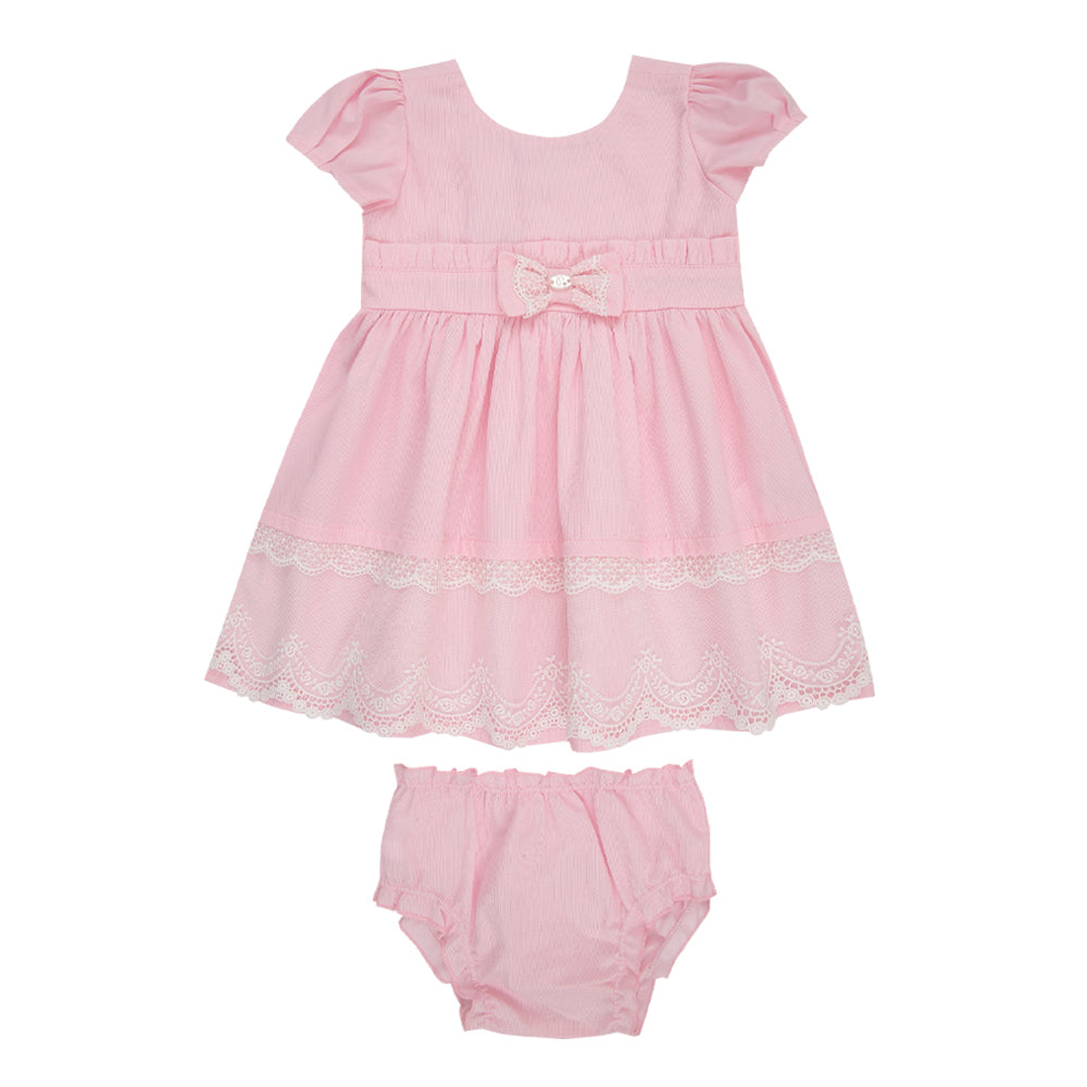 Vestido Tricoline com Tule Renda, Mangas com Preguinhas, Laço Decorativo e Calcinha Infantil Paraiso