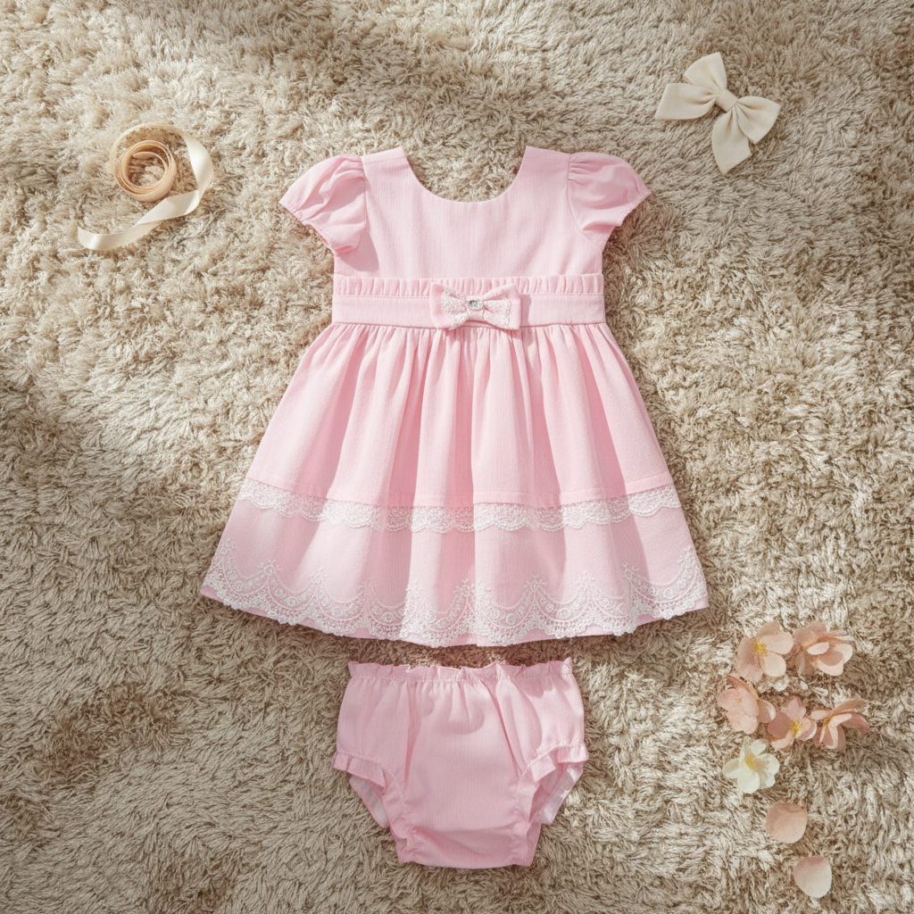Vestido Tricoline com Tule Renda, Mangas com Preguinhas, Laço Decorativo e Calcinha Infantil Paraiso