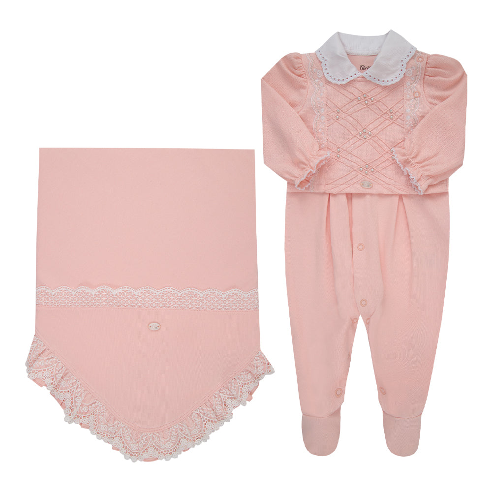 Saída Maternidade Macacão Bordado com Pérolas, Mangas Franzidas e Manta com Renda Elegante Paraiso