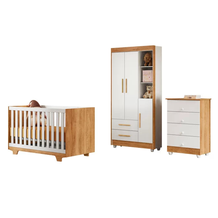 Kit Quarto de Bebê Completo 100% MDF com Cômoda, Berço e Guarda Roupa
