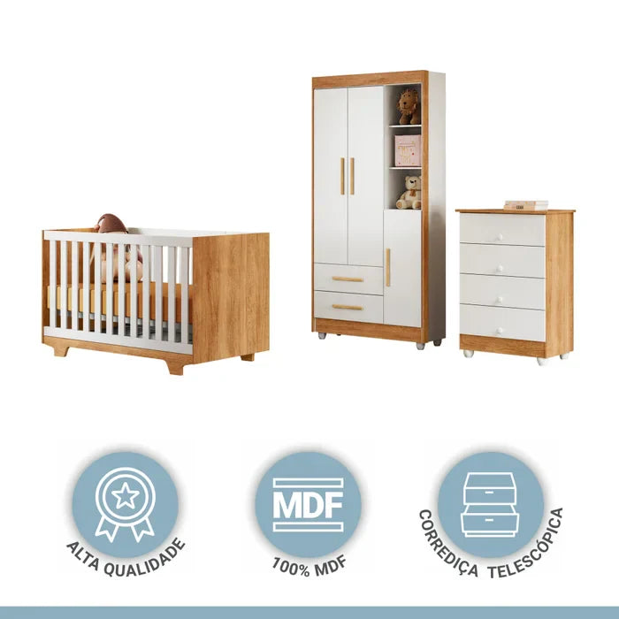Kit Quarto de Bebê Completo 100% MDF com Cômoda, Berço e Guarda Roupa