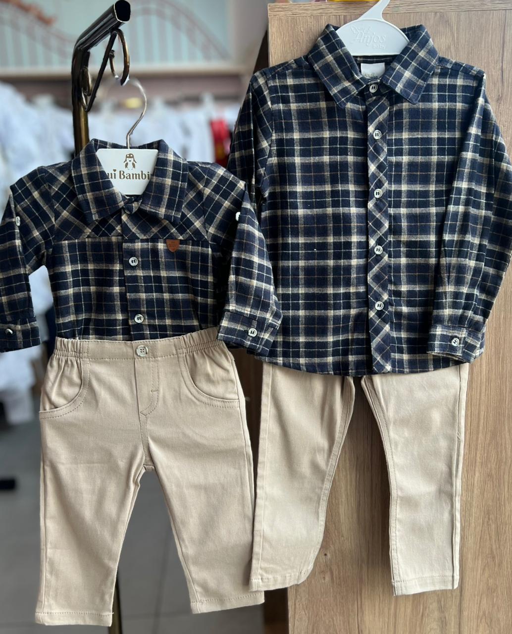 CONJUNTO CAMISA MANGA LONGA XADREZ BOTÕES E CALÇA SARJA MENINO ANJOS BABY