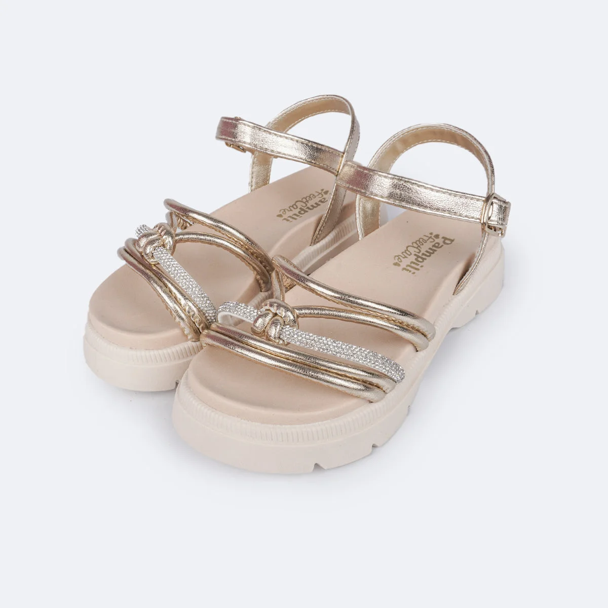 Sandália Infantil Pampili Anny Tratorada Tira Strass Dourada