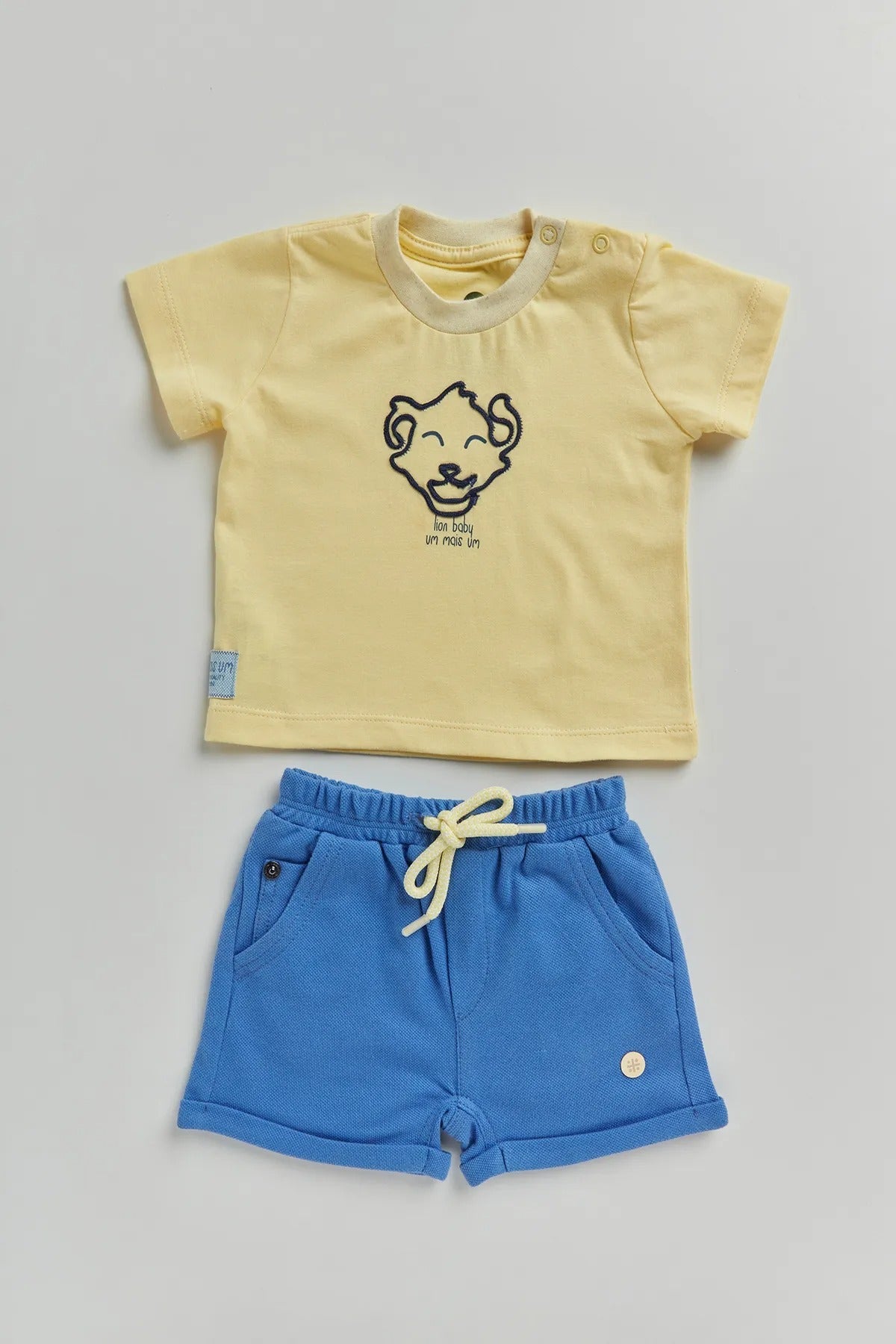 Conjunto Infantil para Bebê de Malha com Estampa e Bordado de Leãozinho e Bermuda de Piquet