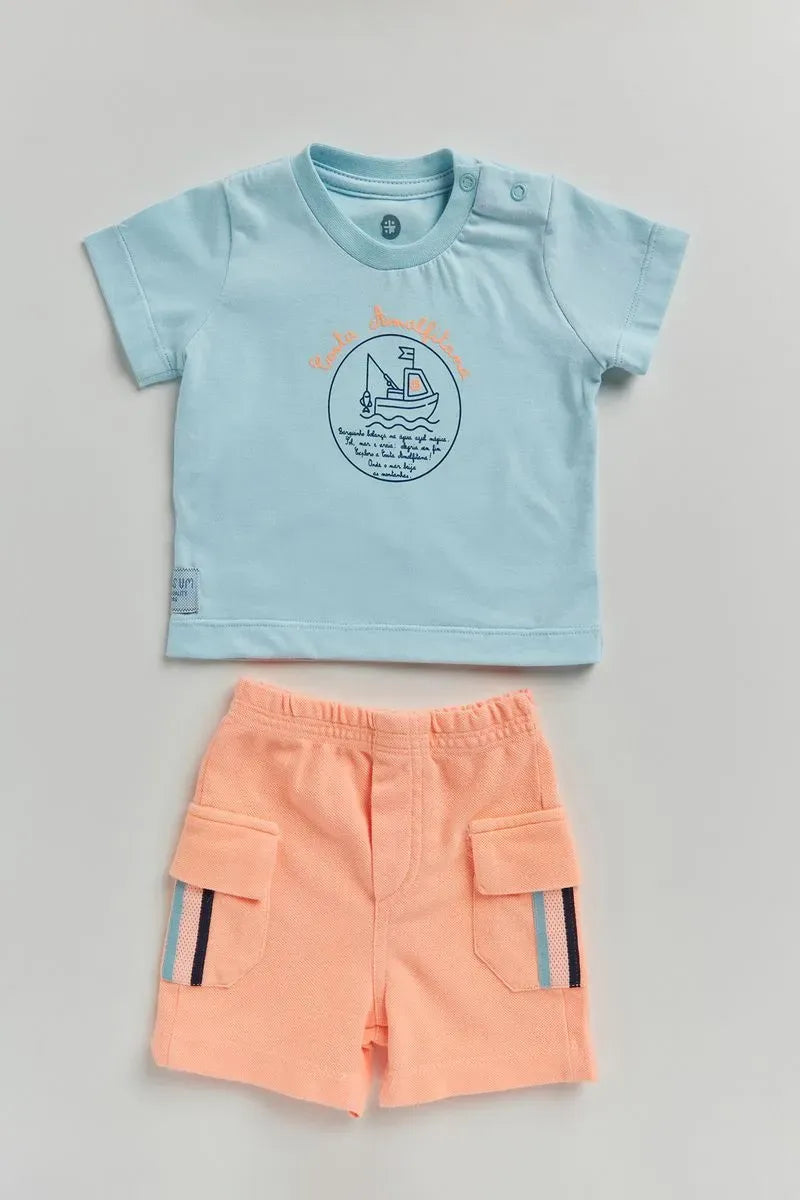 Conjunto para Bebê Camiseta Malha 100% Algodão com Estampa Lúdica Barco e Bermuda de Piquet Tingido
