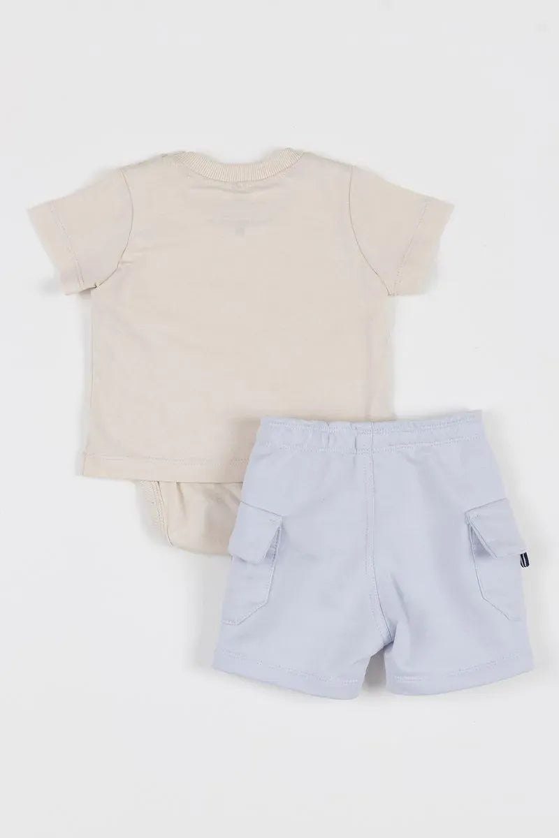CONJUNTO BABY CAMISETA BODY MALHA 100% ALGODÃO COM ESTAMPA BICHOS E BERMUDA DE MOLETOM