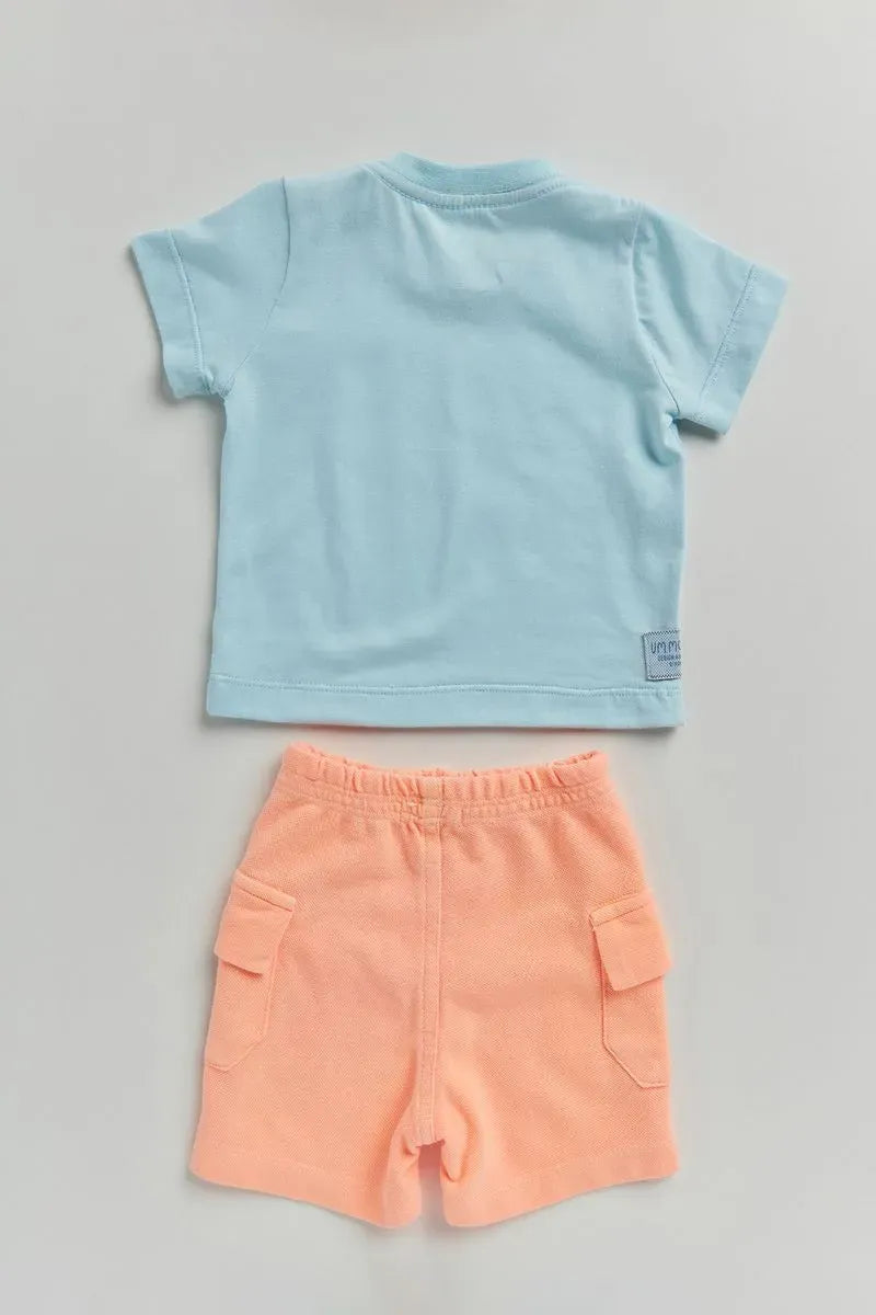 Conjunto para Bebê Camiseta Malha 100% Algodão com Estampa Lúdica Barco e Bermuda de Piquet Tingido