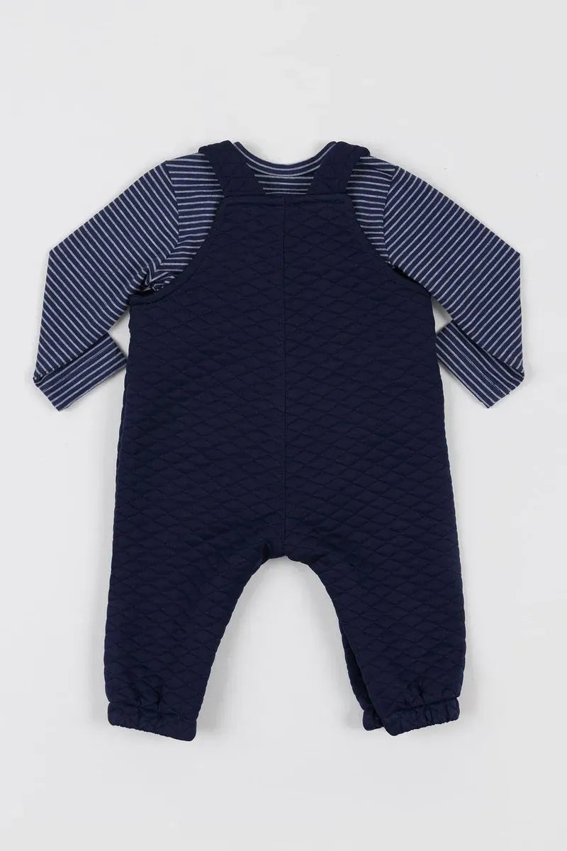 Conjunto Bebê com Camiseta de Cotton Listrado e Jardineira de Malha Jacquard Matelassê