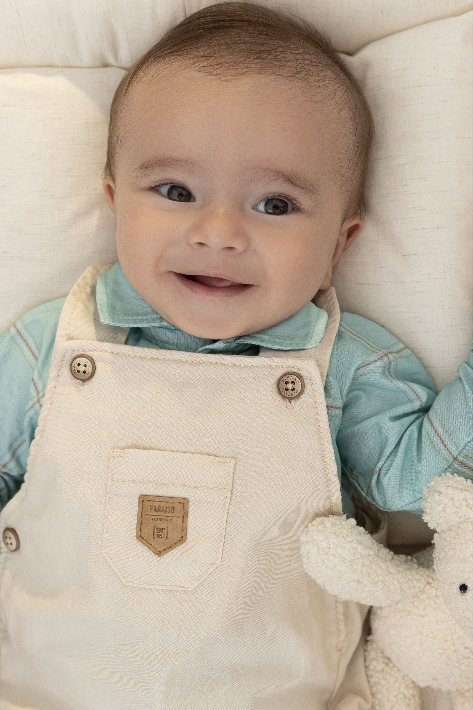 Conjunto Jardineira Longa em Sarja com Body Manga Longa Estampado Leve Paraiso