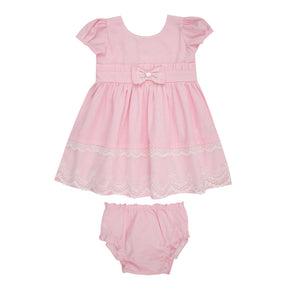 Vestido Tricoline com Tule Renda, Mangas com Preguinhas, Laço Decorativo e Calcinha Infantil Paraiso