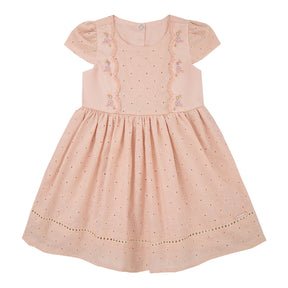 Vestido Broderie com Bordados Delicados, Renda na Saia e Plaquinha Personalizada Infantil Paraiso