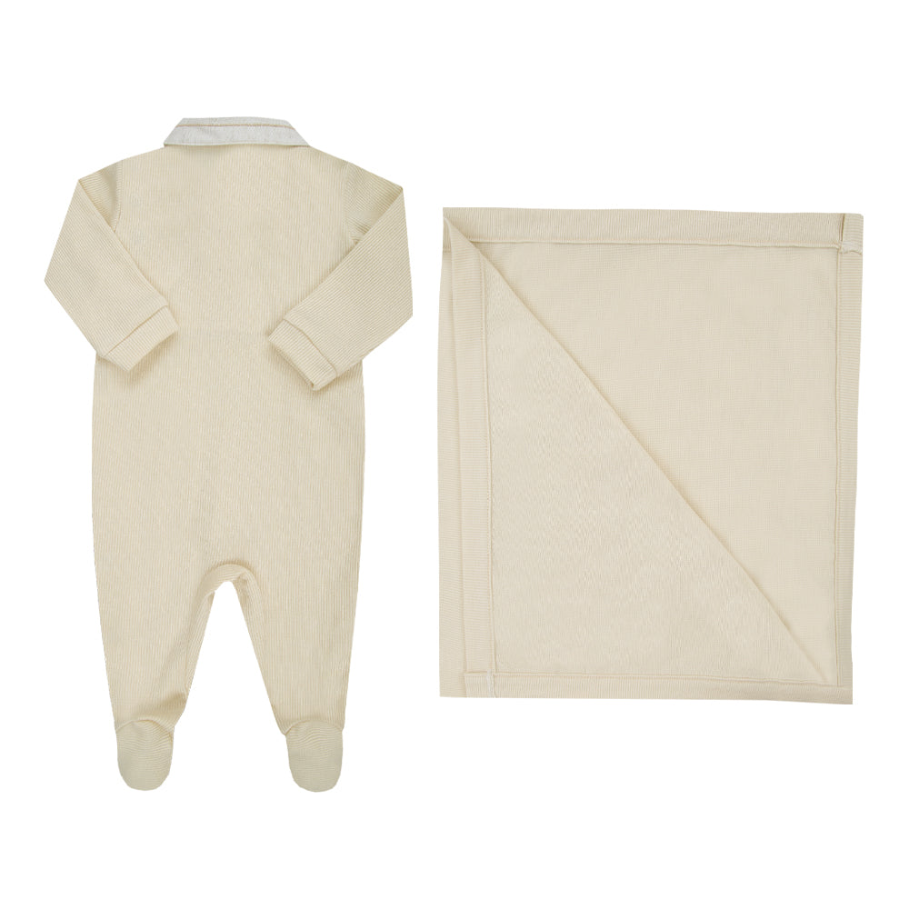 Saída Maternidade Macacão Quadriculado com Abertura Lateral e Manta Mescla Efeito Linho Paraiso.