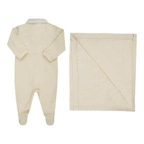 Saída Maternidade Macacão Quadriculado com Abertura Lateral e Manta Mescla Efeito Linho Paraiso.