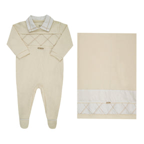 Saída Maternidade Macacão Quadriculado com Abertura Lateral e Manta Mescla Efeito Linho Paraiso.