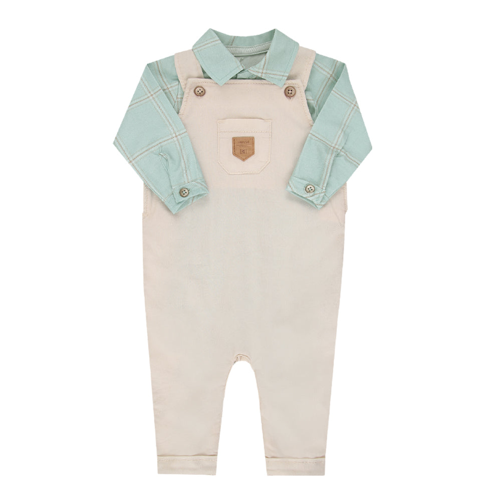 Conjunto Jardineira Longa em Sarja com Body Manga Longa Estampado Leve Paraiso