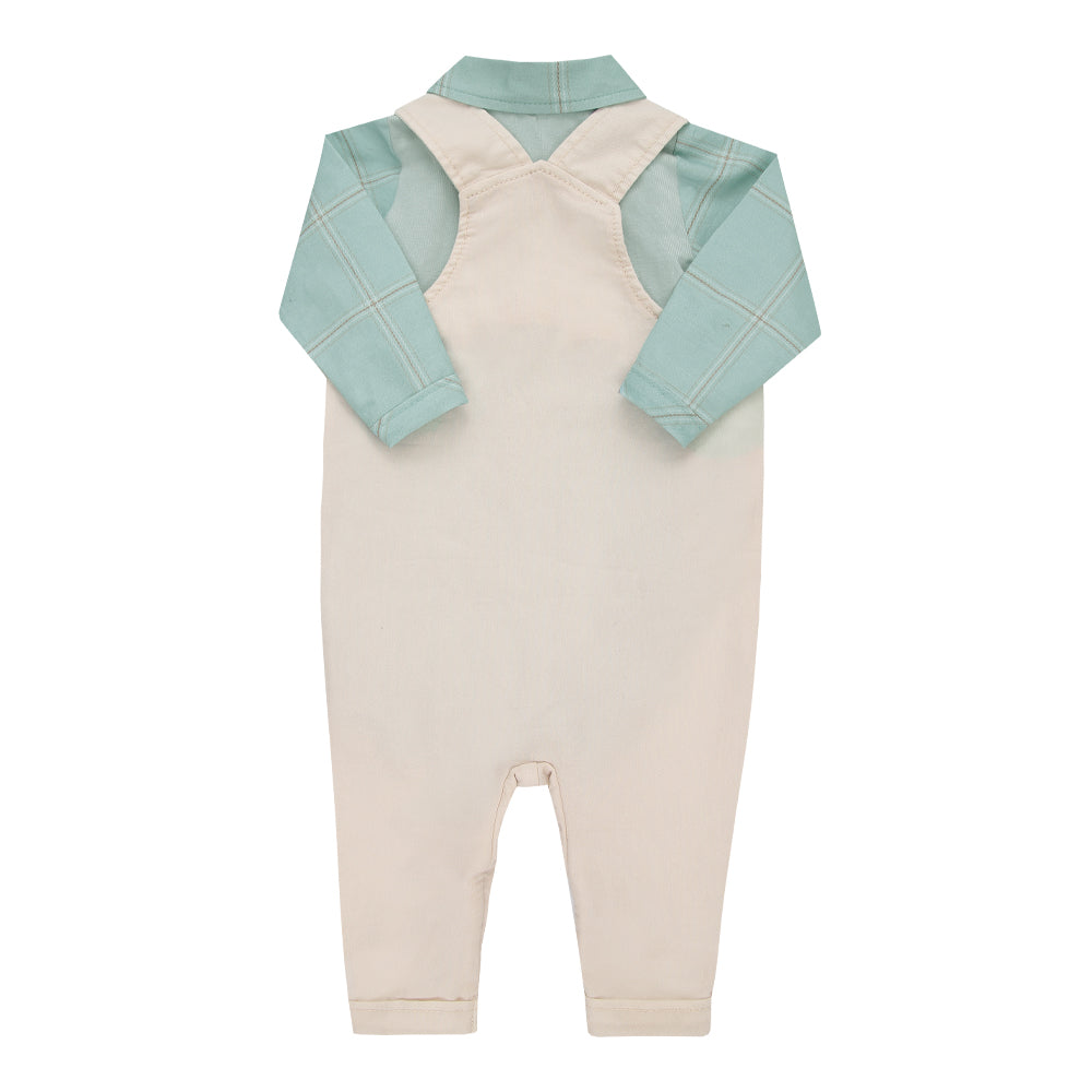 Conjunto Jardineira Longa em Sarja com Body Manga Longa Estampado Leve Paraiso