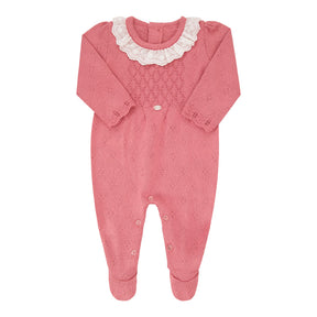 Macacão Longo Feminino Paraiso Tricô Rosê com Punhos Zig Zag e Gola Delicada