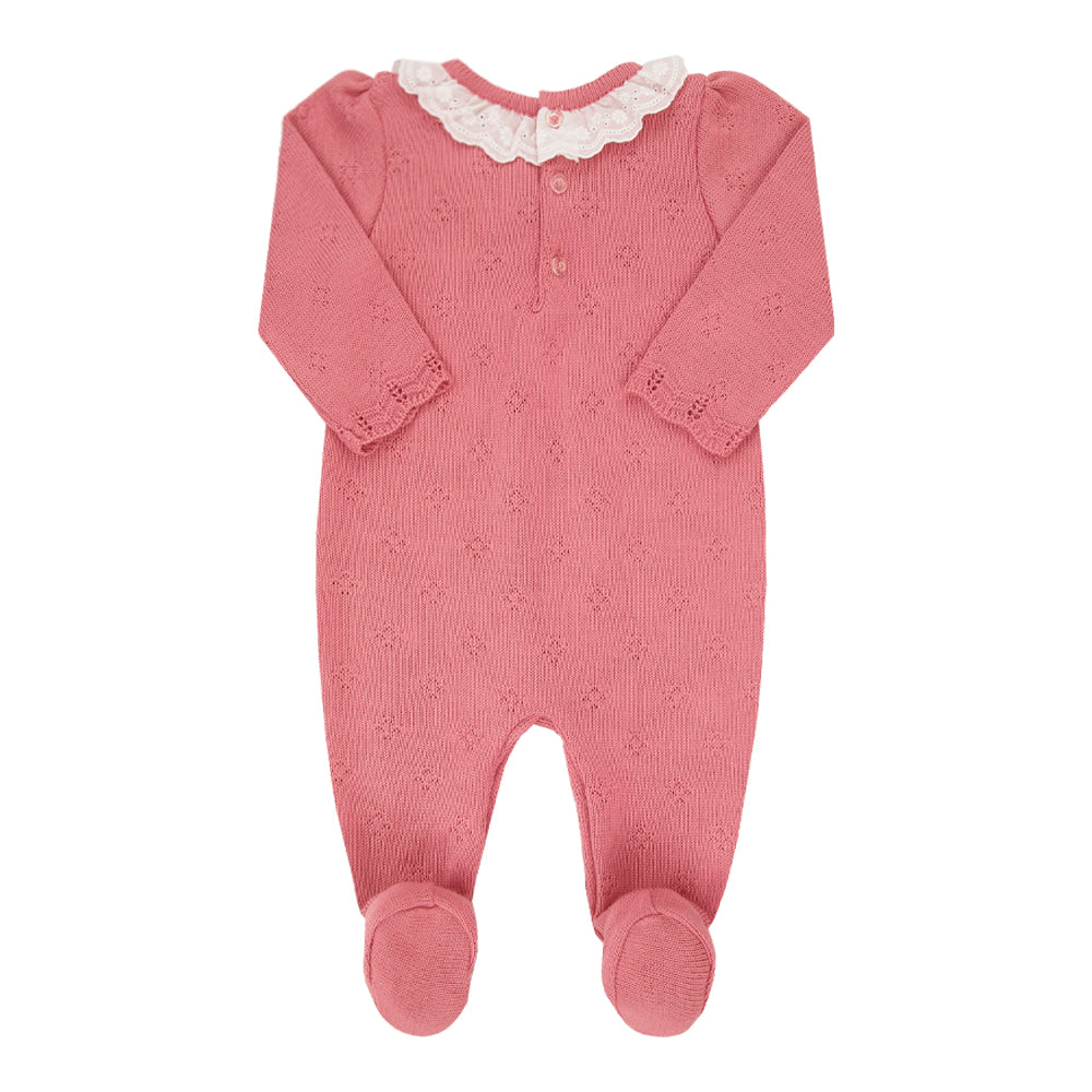 Macacão Longo Feminino Paraiso Tricô Rosê com Punhos Zig Zag e Gola Delicada