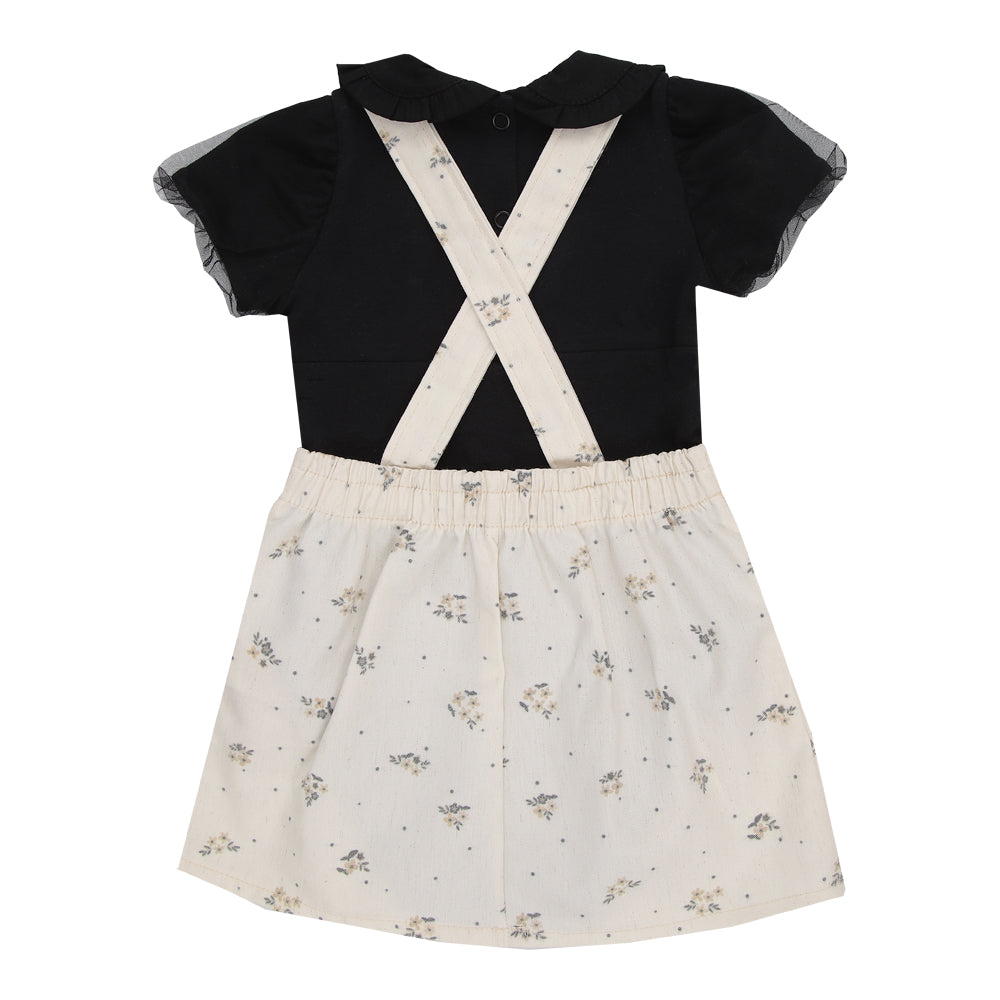 Conjunto Paraiso Jardineira Linho com Body Babados e Tule Feminino Bebê