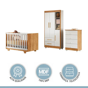 Kit Quarto de Bebê Completo 100% MDF com Cômoda, Berço e Guarda Roupa