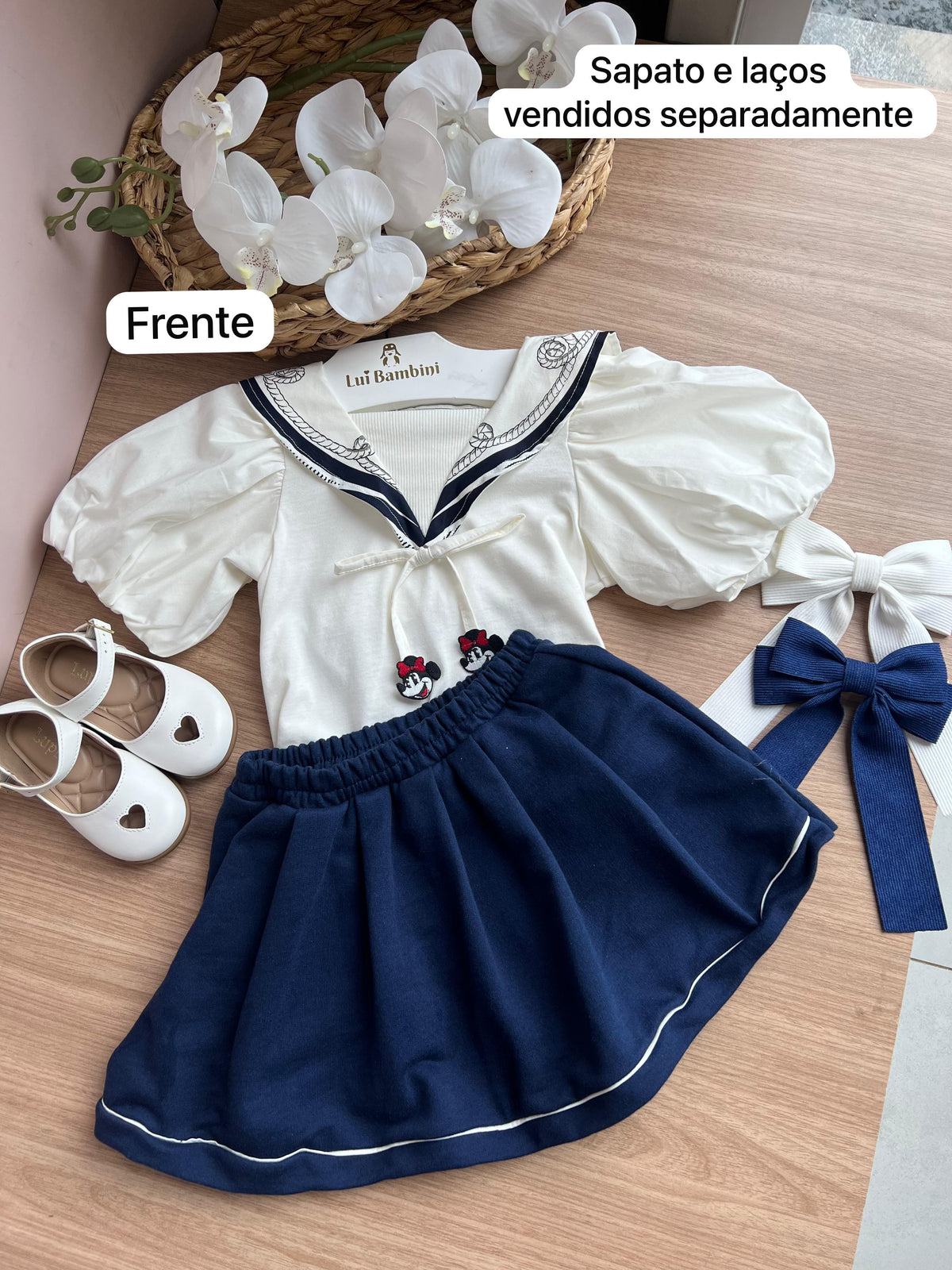 CONJUNTO BLUSA MANGA CURTA GOLA MARINHEIRO MINNIE DISNEY E SHORT MENINA ANIME