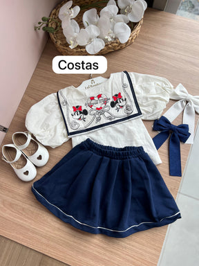 CONJUNTO BLUSA MANGA CURTA GOLA MARINHEIRO MINNIE DISNEY E SHORT MENINA ANIME