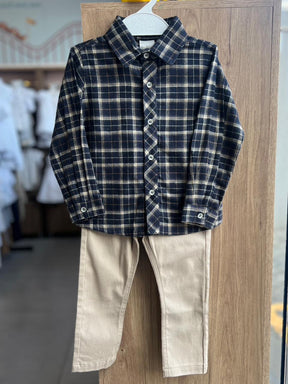 CONJUNTO CAMISA MANGA LONGA XADREZ BOTÕES E CALÇA SARJA MENINO ANJOS BABY