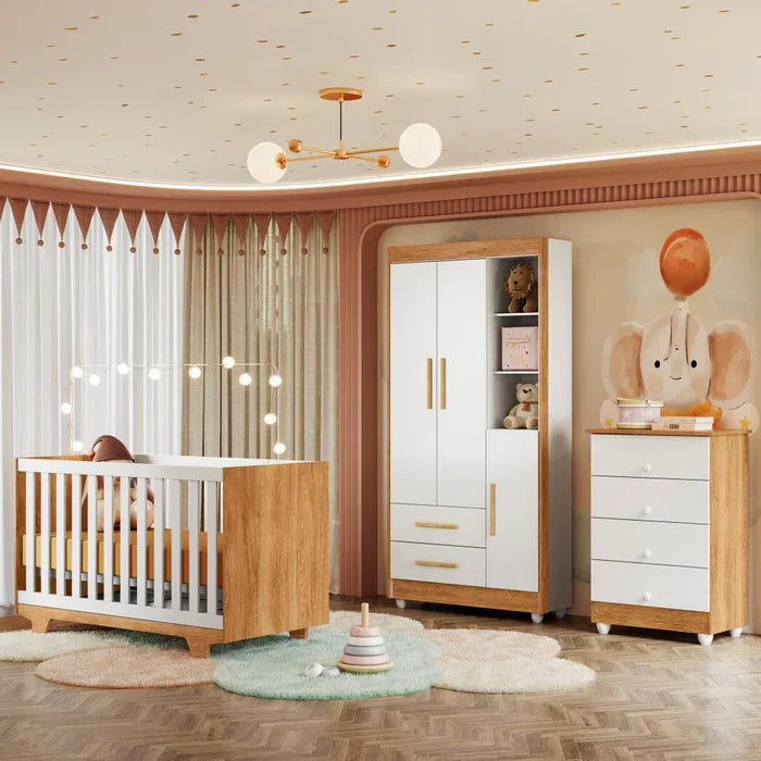 Kit Quarto de Bebê Completo 100% MDF com Cômoda, Berço e Guarda Roupa