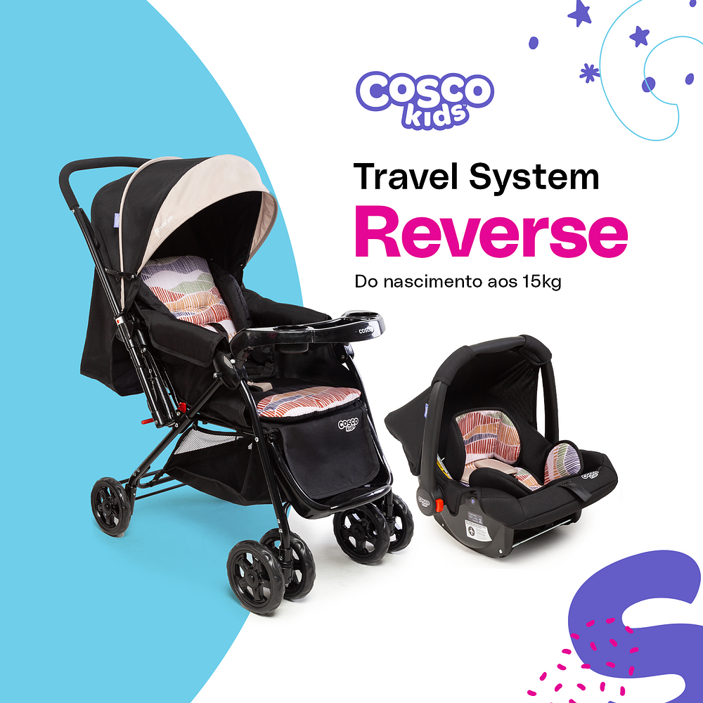 Conjunto Cosco - Carrinho com Bebê Comforto Travel System Reverse DUO