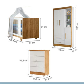 Kit Quarto de Bebê Completo 100% MDF com Cômoda, Berço e Guarda Roupa