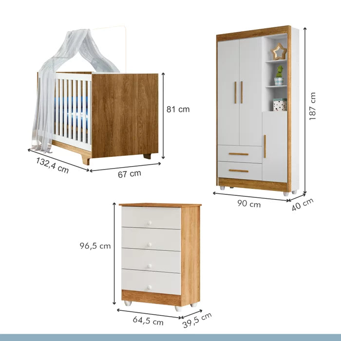 Kit Quarto de Bebê Completo 100% MDF com Cômoda, Berço e Guarda Roupa