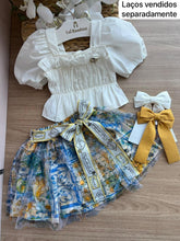 CONJUNTO BLUSA MANGA CURTA BUFANTE FLOR E SAIA TULE ESTAMPA FLORES MENINA ANIMÊ
