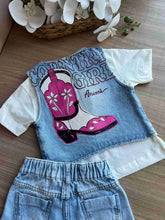 CONJUNTO COLETE REGATA BLUSA MANGA CURTA COUNTRY STRASS BOTA E SHORT MENINA ANIME