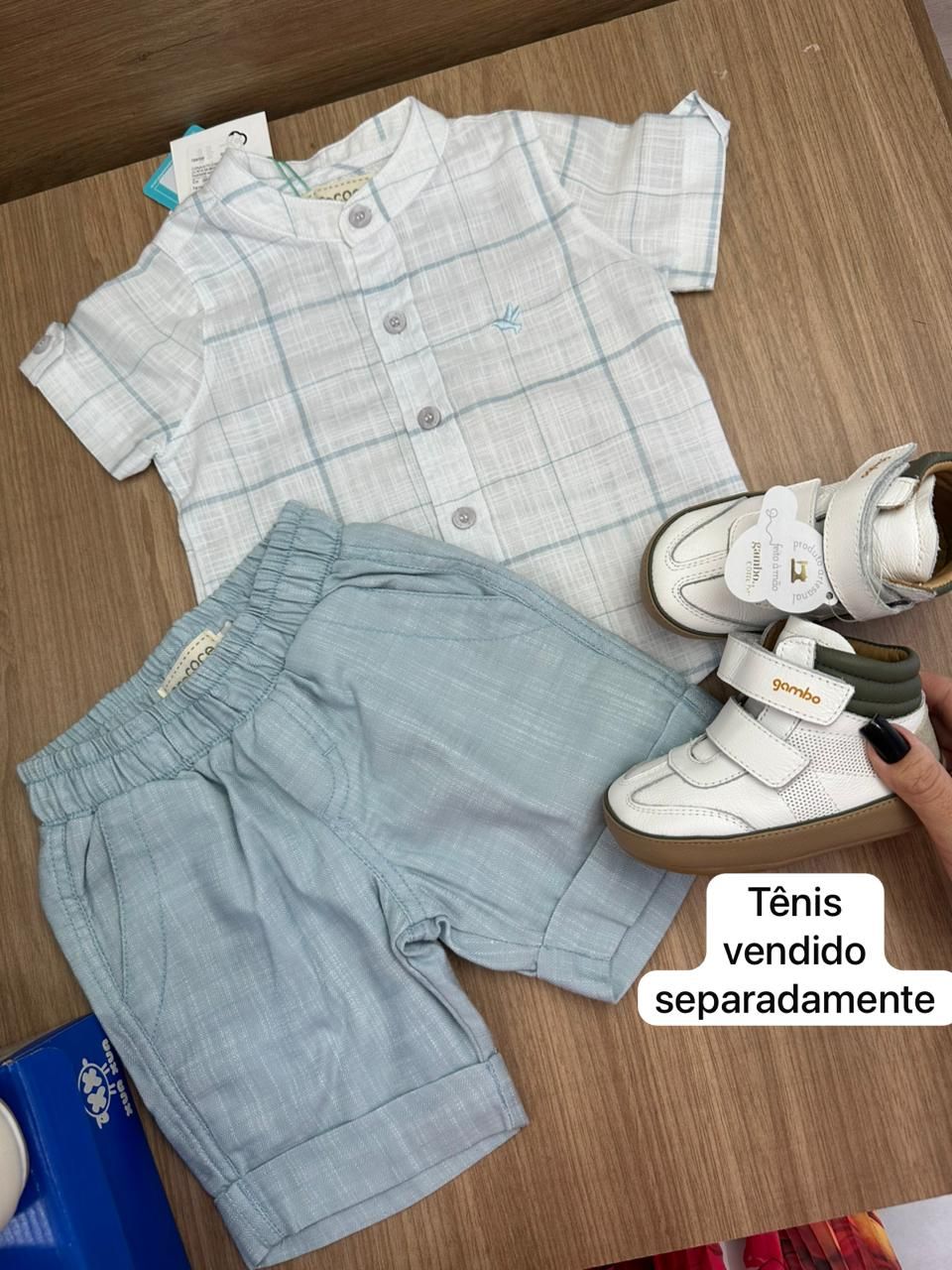 CONJUNTO CAMISA MANGA CURTA MINIMALISTA PASSARINHO XADREZ E BERMUDA MENINO PRECOCE