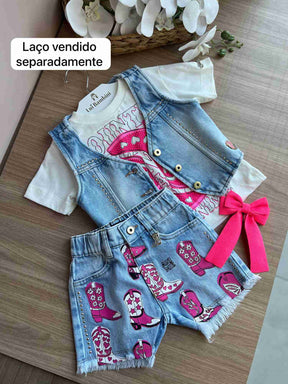 CONJUNTO COLETE REGATA BLUSA MANGA CURTA COUNTRY STRASS BOTA E SHORT MENINA ANIME