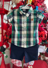 CONJUNTO CAMISA MANGA CURTA XADREZ QUADRICULADO COM BOTÕES E BERMUDA LINHO BOLSO BORDADO MENINO CHARPEY