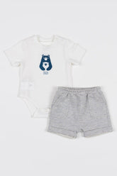 Conjunto Infantil para Bebê com Body de Cotton com Estampa de Ursos e Bermuda de Cotton Listrado