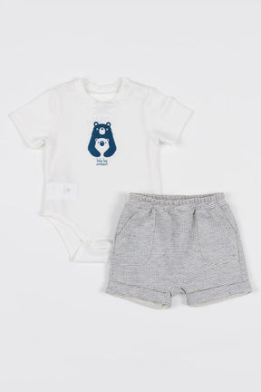 Conjunto Infantil para Bebê com Body de Cotton com Estampa de Ursos e Bermuda de Cotton Listrado