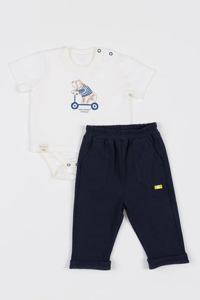 Conjunto Bebê com Camiseta Body de Malha 100% Algodão com Estampa e Calça de Piquet com Lycra