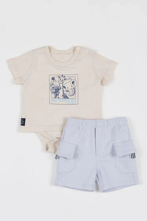 CONJUNTO BABY CAMISETA BODY MALHA 100% ALGODÃO COM ESTAMPA BICHOS E BERMUDA DE MOLETOM