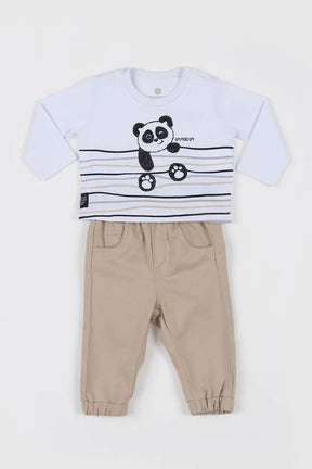 Conjunto Bebê com Camiseta Body com Estampa de Panda e Calça de Sarja Flanelada