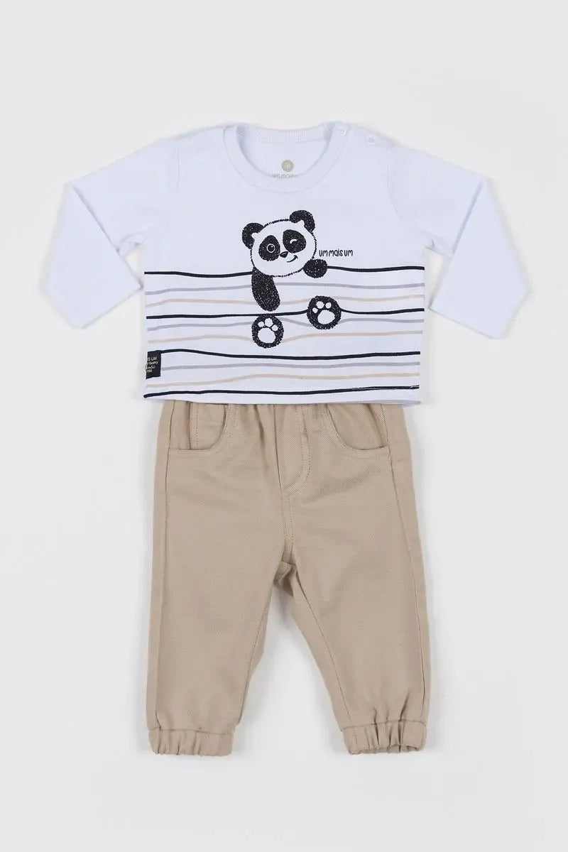 Conjunto Bebê com Camiseta Body com Estampa de Panda e Calça de Sarja Flanelada