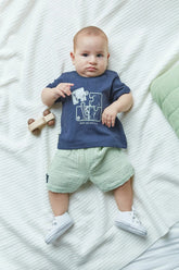 Conjunto Infantil Camiseta de Malha 100% Algodão com Estampa Quebra-Cabeça Elefante e Bermuda de Cambraia de Algodão