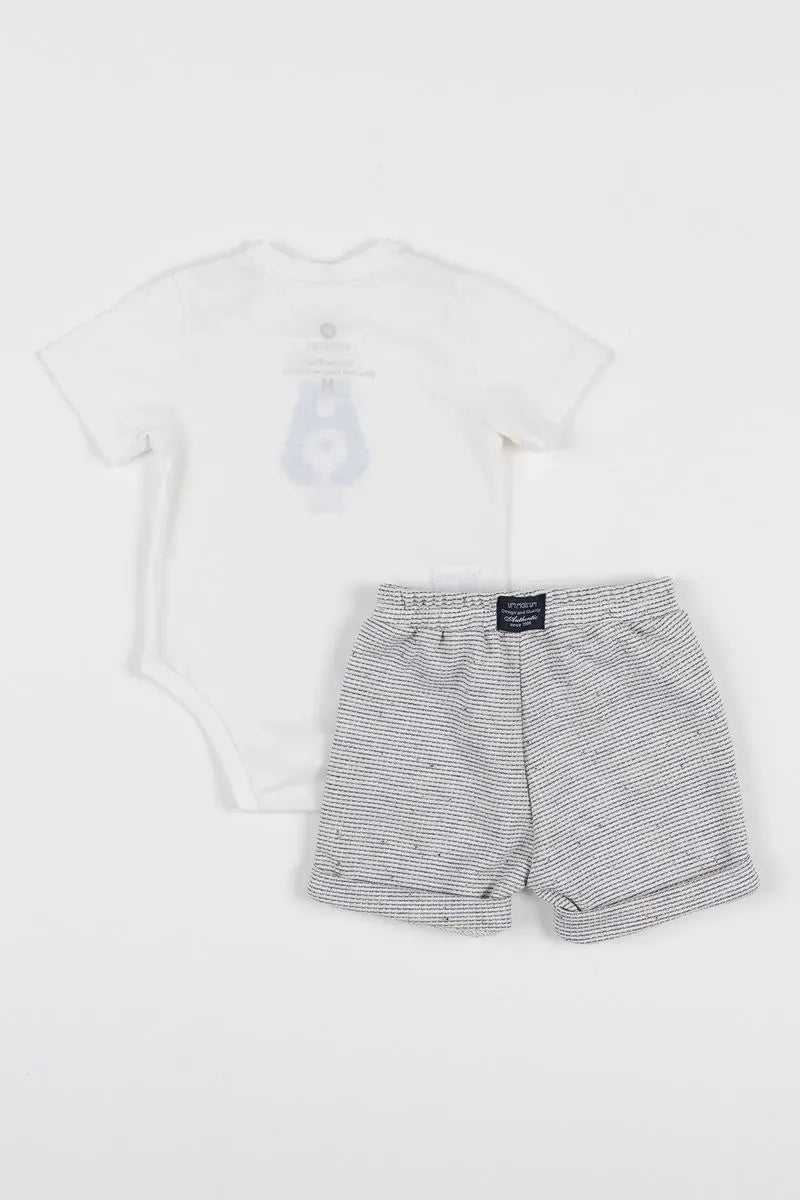 Conjunto Infantil para Bebê com Body de Cotton com Estampa de Ursos e Bermuda de Cotton Listrado