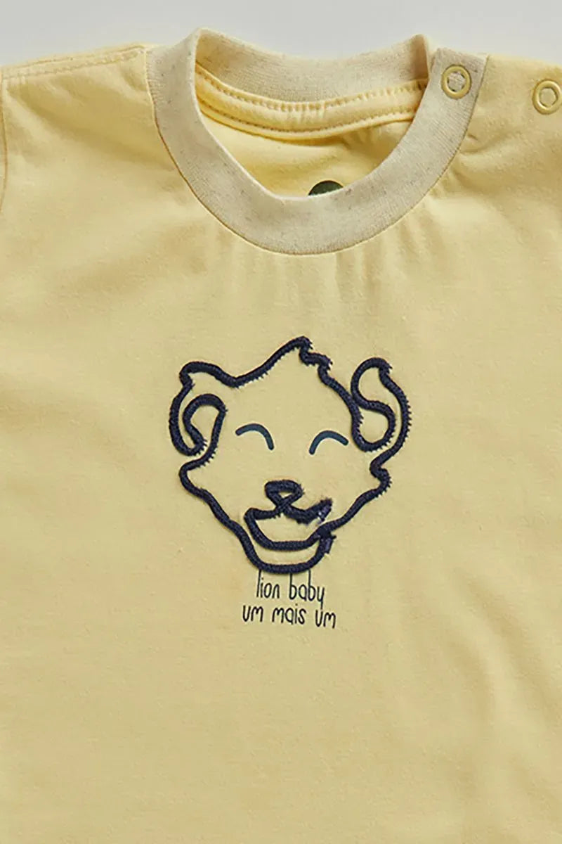 Conjunto Infantil para Bebê de Malha com Estampa e Bordado de Leãozinho e Bermuda de Piquet