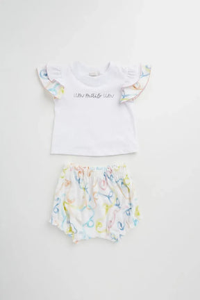 Conjunto Infantil para Bebê Blusa e Short de Malha com Estampa de Fitas