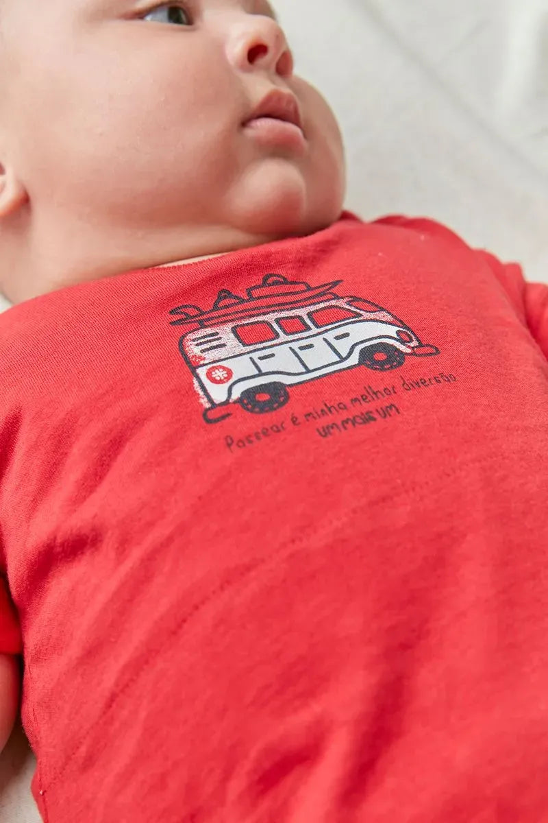 Conjunto Baby com Camiseta Body de Malha 100% Algodão com Estampa e Bermuda de Moletinho de Viscose